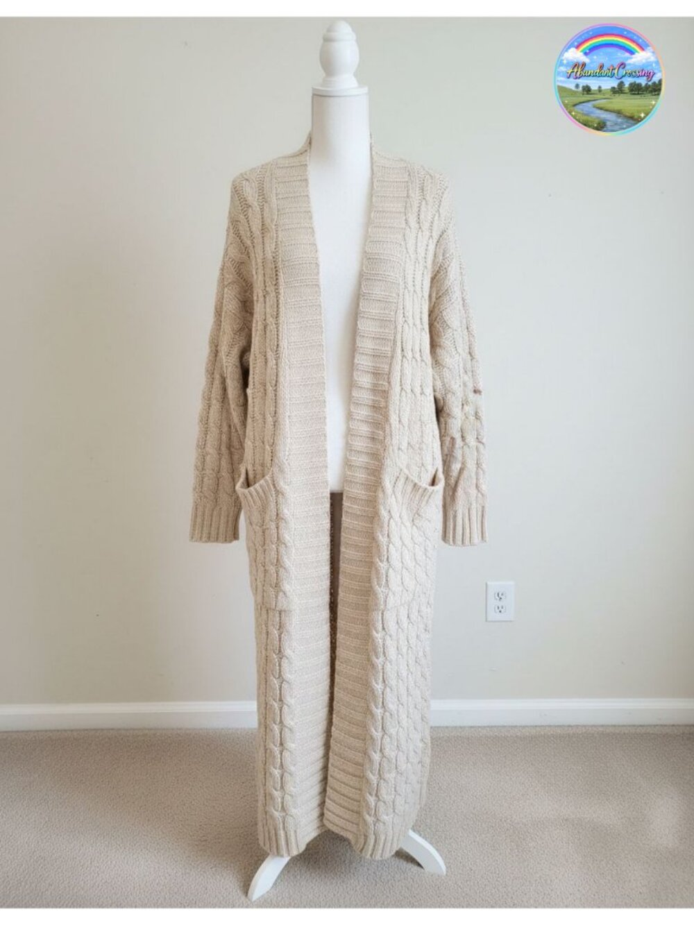 Womens Cable Knit Long Maxi Cardigan Open Front Two Side Pockets Chunky Sweater